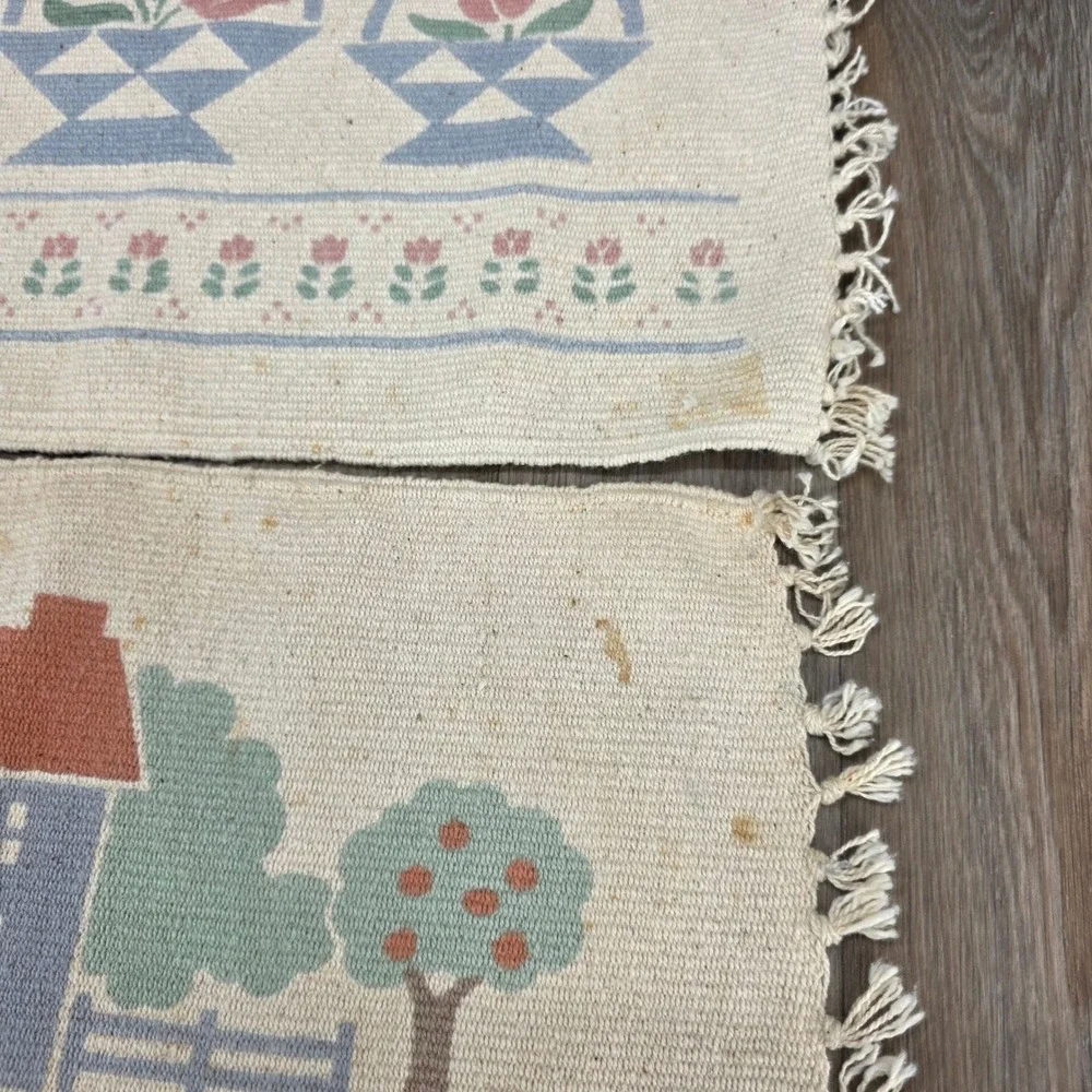 Vintage‎ Country Folk Art Woven Placemats Set 4 Saltbox House Heart Sampler Blue